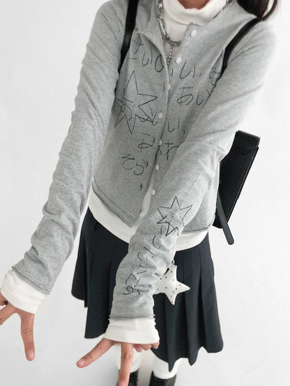 Japanese Manga Sketch Feel Open Front T-shirt Long Sleeve Short Coat Thin Inner Layer