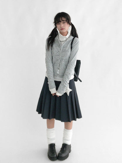 Japanese Manga Sketch Feel Open Front T-shirt Long Sleeve Short Coat Thin Inner Layer