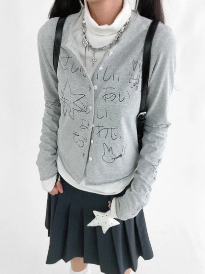 Japanese Manga Sketch Feel Open Front T-shirt Long Sleeve Short Coat Thin Inner Layer