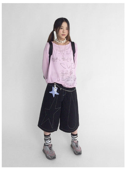 Japanese Script Handwritten Print Long Sleeve T-shirt Sheer Sun Protection Cover Up Top V-neck