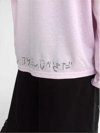 Japanese Script Handwritten Print Long Sleeve T-shirt Sheer Sun Protection Cover Up Top V-neck
