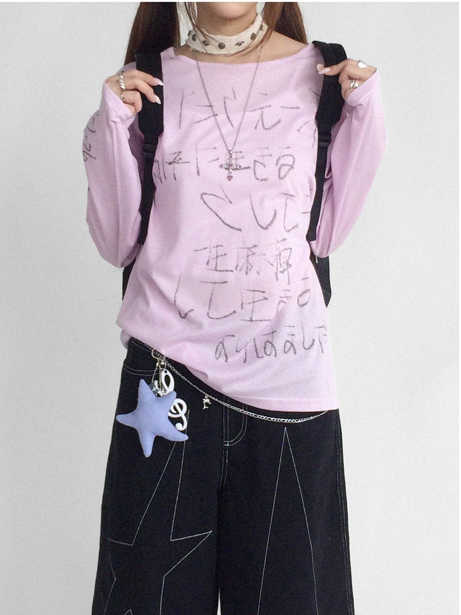 Japanese Script Handwritten Print Long Sleeve T-shirt Sheer Sun Protection Cover Up Top V-neck