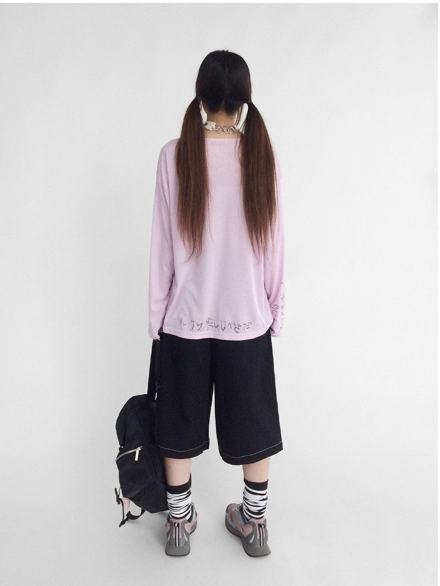 Japanese Script Handwritten Print Long Sleeve T-shirt Sheer Sun Protection Cover Up Top V-neck