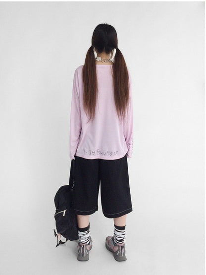 Japanese Script Handwritten Print Long Sleeve T-shirt Sheer Sun Protection Cover Up Top V-neck