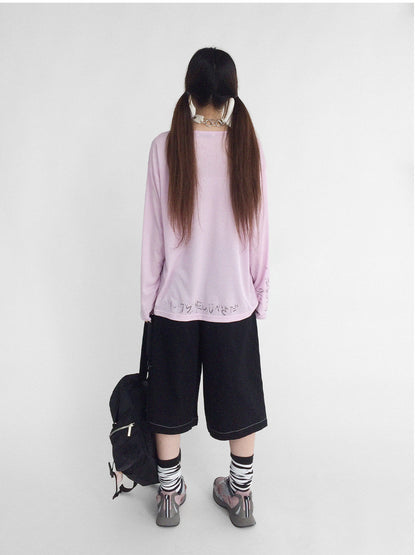 innomoood Japanese Script Handwritten Print Long Sleeve T-shirt Sheer Sun Protection Cover Up Top V-neck