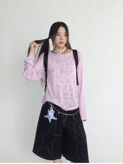 Japanese Script Handwritten Print Long Sleeve T-shirt Sheer Sun Protection Cover Up Top V-neck