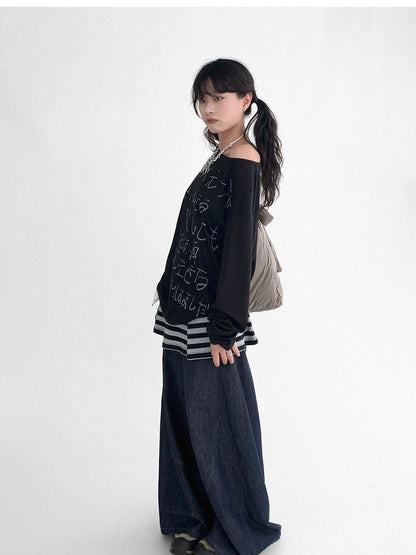 Japanese Script Handwritten Print Long Sleeve T-shirt Sheer Sun Protection Cover Up Top V-neck