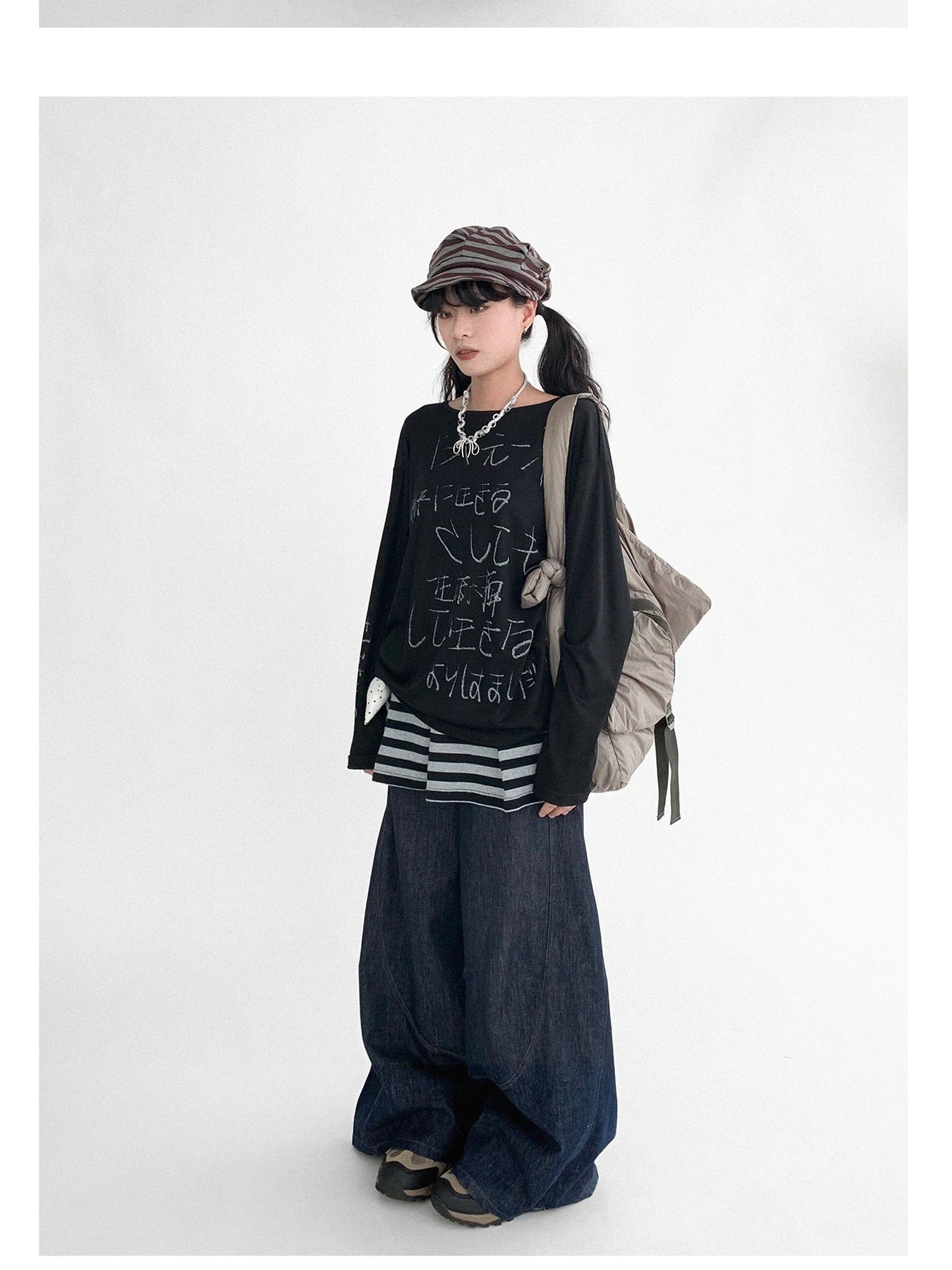 Japanese Script Handwritten Print Long Sleeve T-shirt Sheer Sun Protection Cover Up Top V-neck