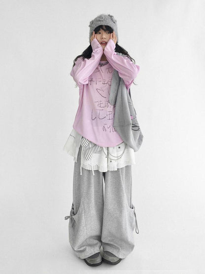 innomoood Japanese Script Handwritten Print Long Sleeve T-shirt Sheer Sun Protection Cover Up Top V-neck