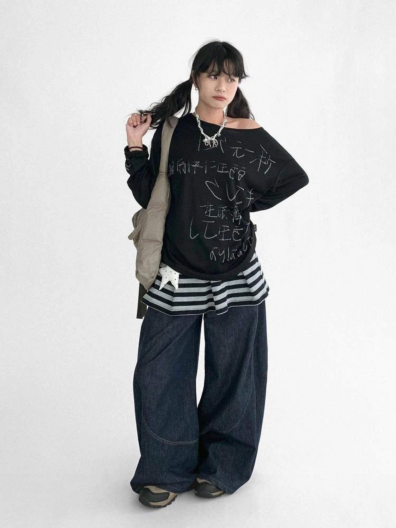 Japanese Script Handwritten Print Long Sleeve T-shirt Sheer Sun Protection Cover Up Top V-neck