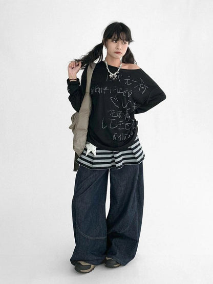 Japanese Script Handwritten Print Long Sleeve T-shirt Sheer Sun Protection Cover Up Top V-neck