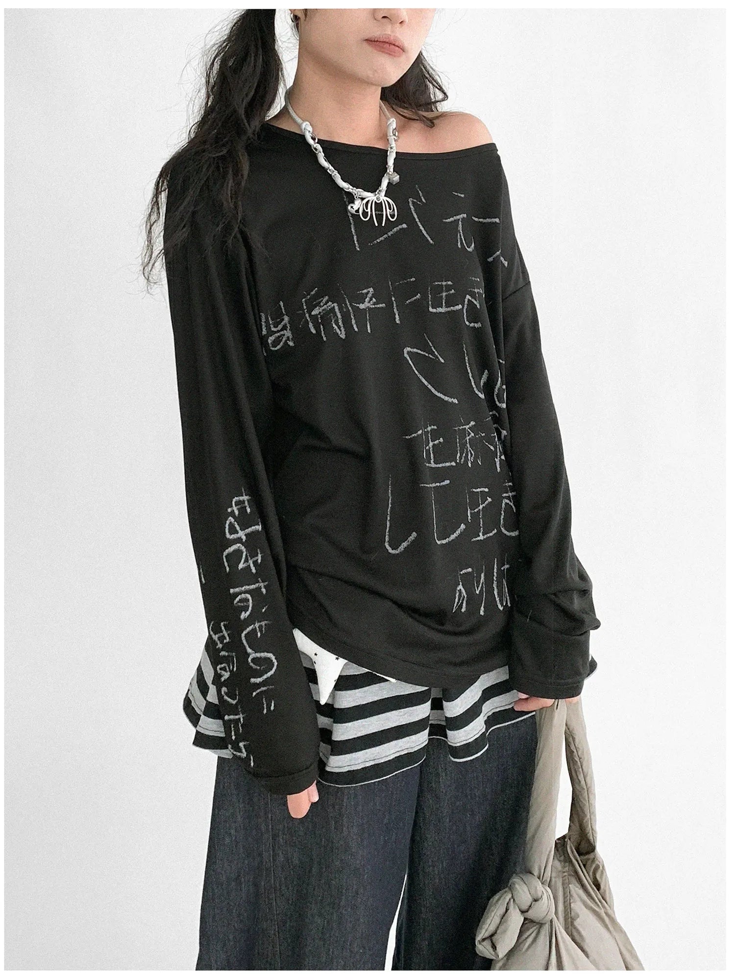 Japanese Script Handwritten Print Long Sleeve T-shirt Sheer Sun Protection Cover Up Top V-neck