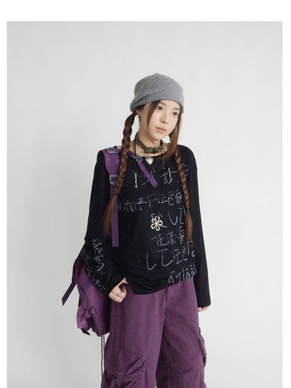 Japanese Script Handwritten Print Long Sleeve T-shirt Sheer Sun Protection Cover Up Top V-neck