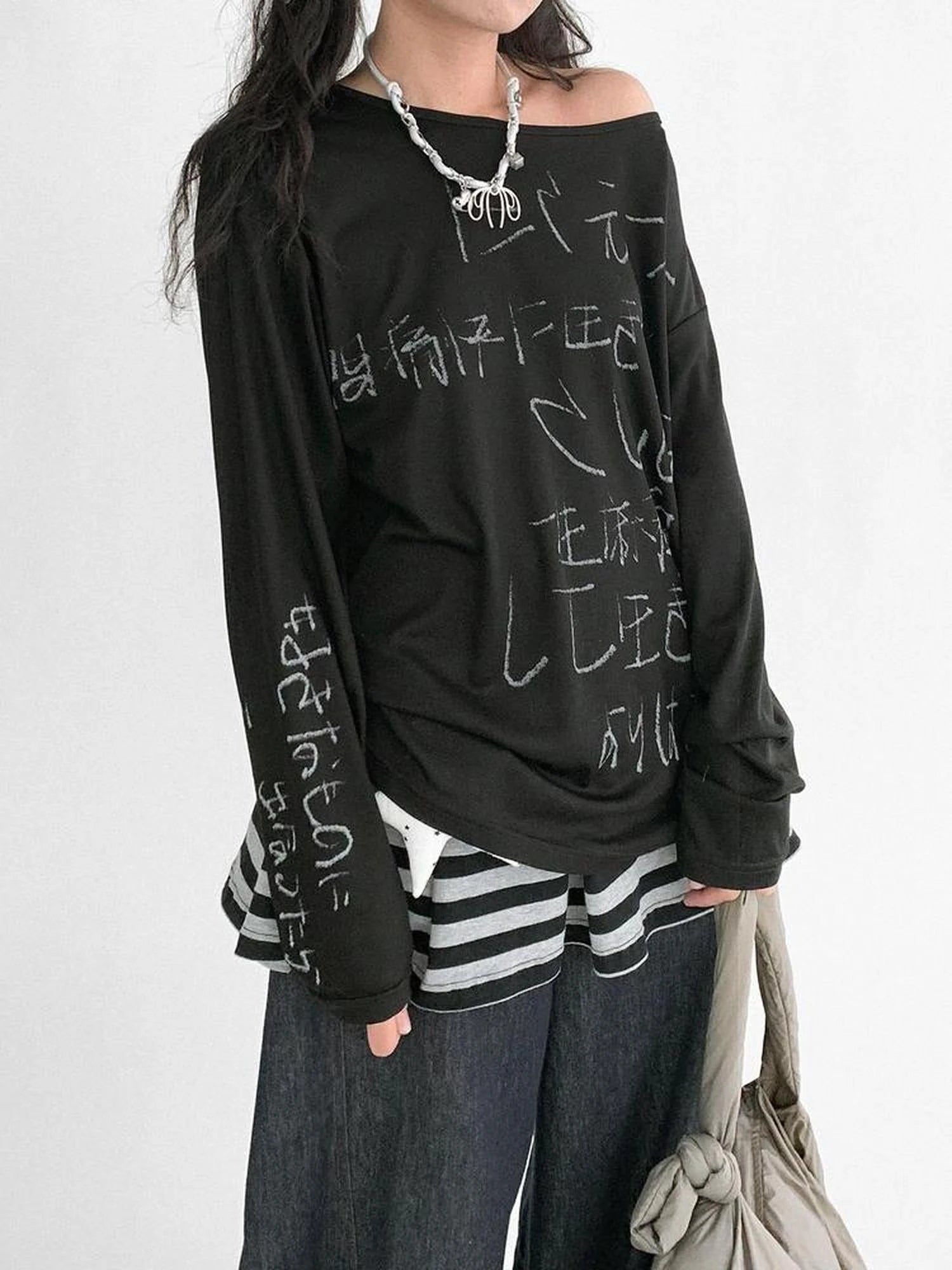 Japanese Script Handwritten Print Long Sleeve T-shirt Sheer Sun Protection Cover Up Top V-neck