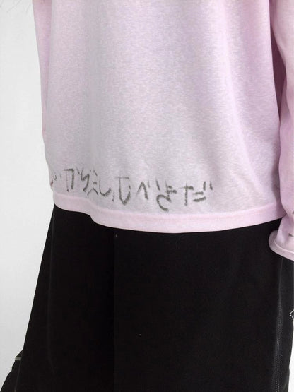 Japanese Script Handwritten Print Long Sleeve T-shirt Sheer Sun Protection Cover Up Top V-neck