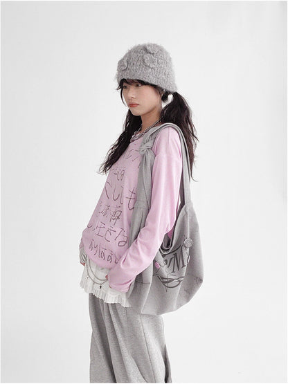 Japanese Script Handwritten Print Long Sleeve T-shirt Sheer Sun Protection Cover Up Top V-neck