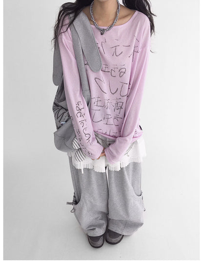 innomoood Japanese Script Handwritten Print Long Sleeve T-shirt Sheer Sun Protection Cover Up Top V-neck
