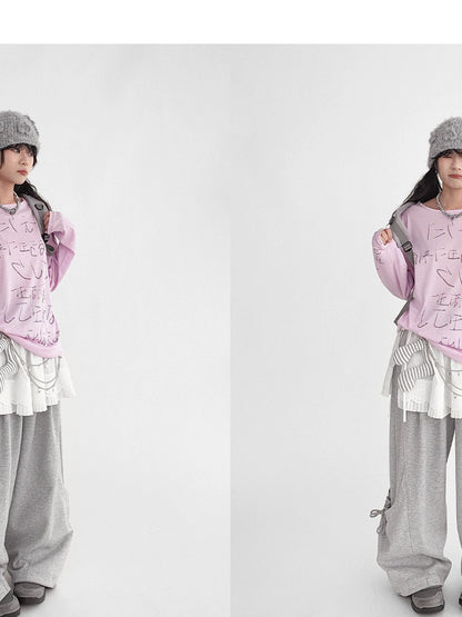 Japanese Script Handwritten Print Long Sleeve T-shirt Sheer Sun Protection Cover Up Top V-neck