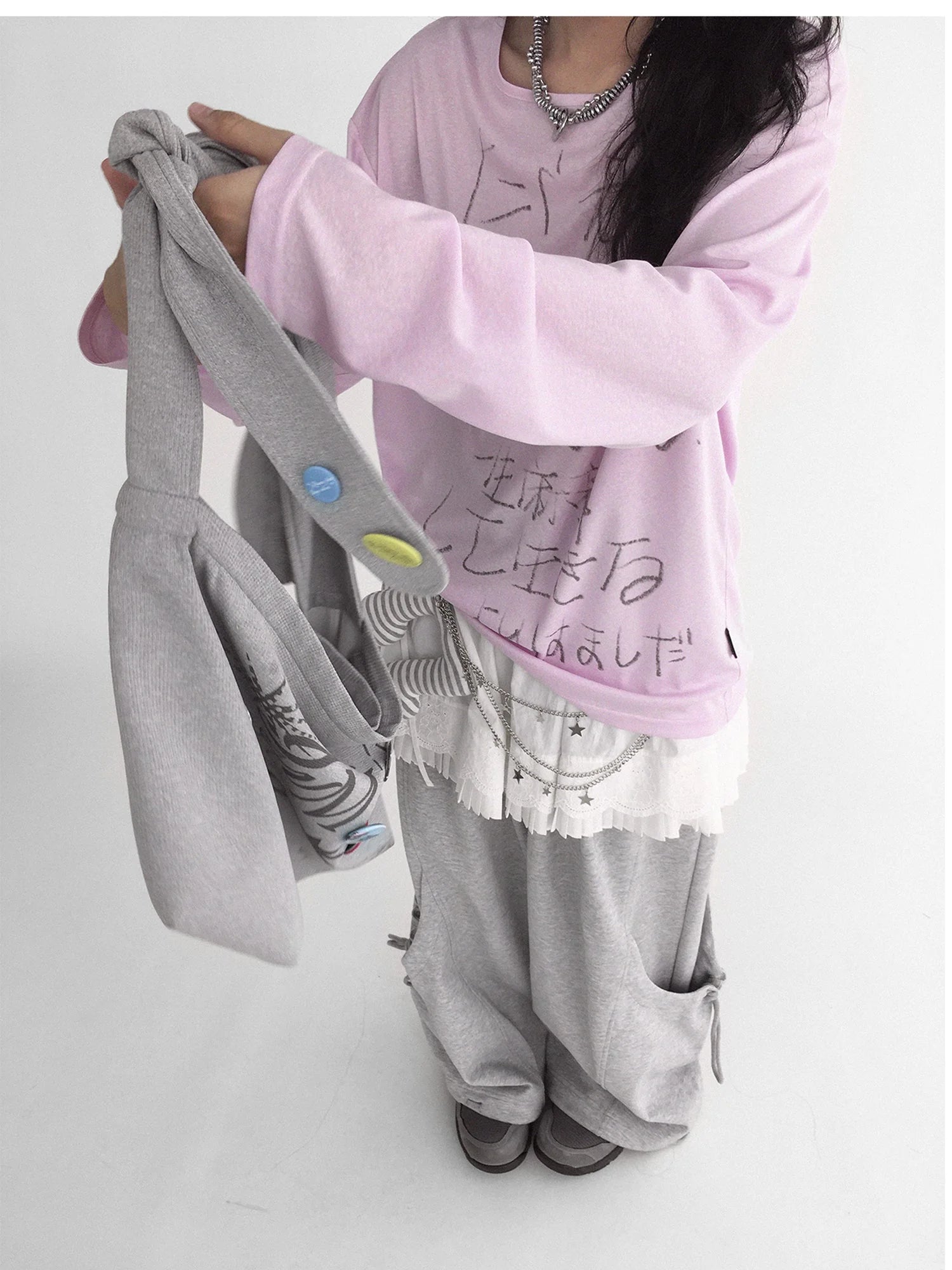 Japanese Script Handwritten Print Long Sleeve T-shirt Sheer Sun Protection Cover Up Top V-neck