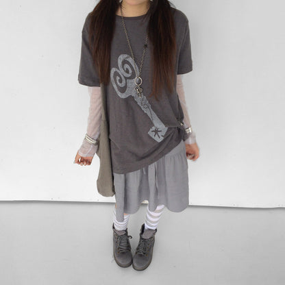 innomoood Key Print Metallic Foil Round Neck Women&