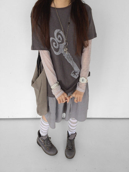 innomoood Key Print Metallic Foil Round Neck Women&
