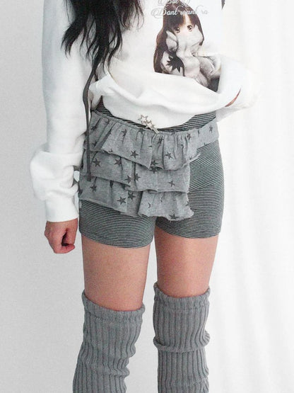 Layered Star Print Knit Skirt With Detachable Waist Pack