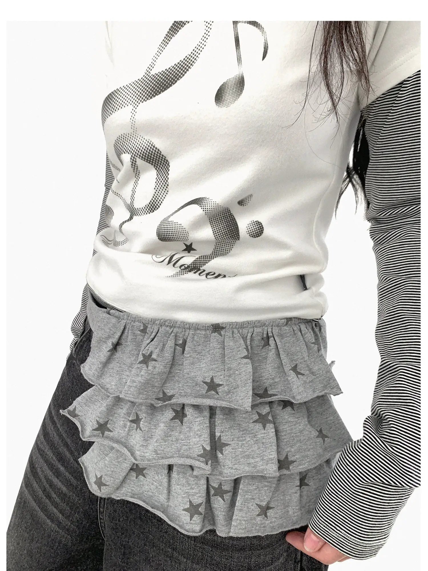 Layered Star Print Knit Skirt With Detachable Waist Pack