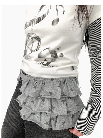 Layered Star Print Knit Skirt With Detachable Waist Pack