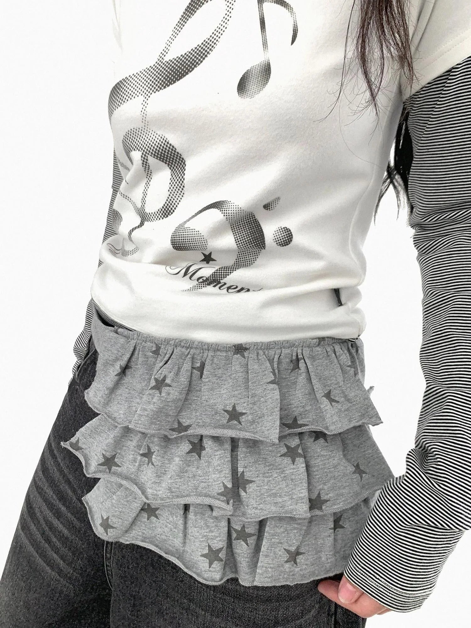 Layered Star Print Knit Skirt With Detachable Waist Pack