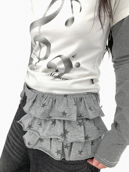 Layered Star Print Knit Skirt With Detachable Waist Pack
