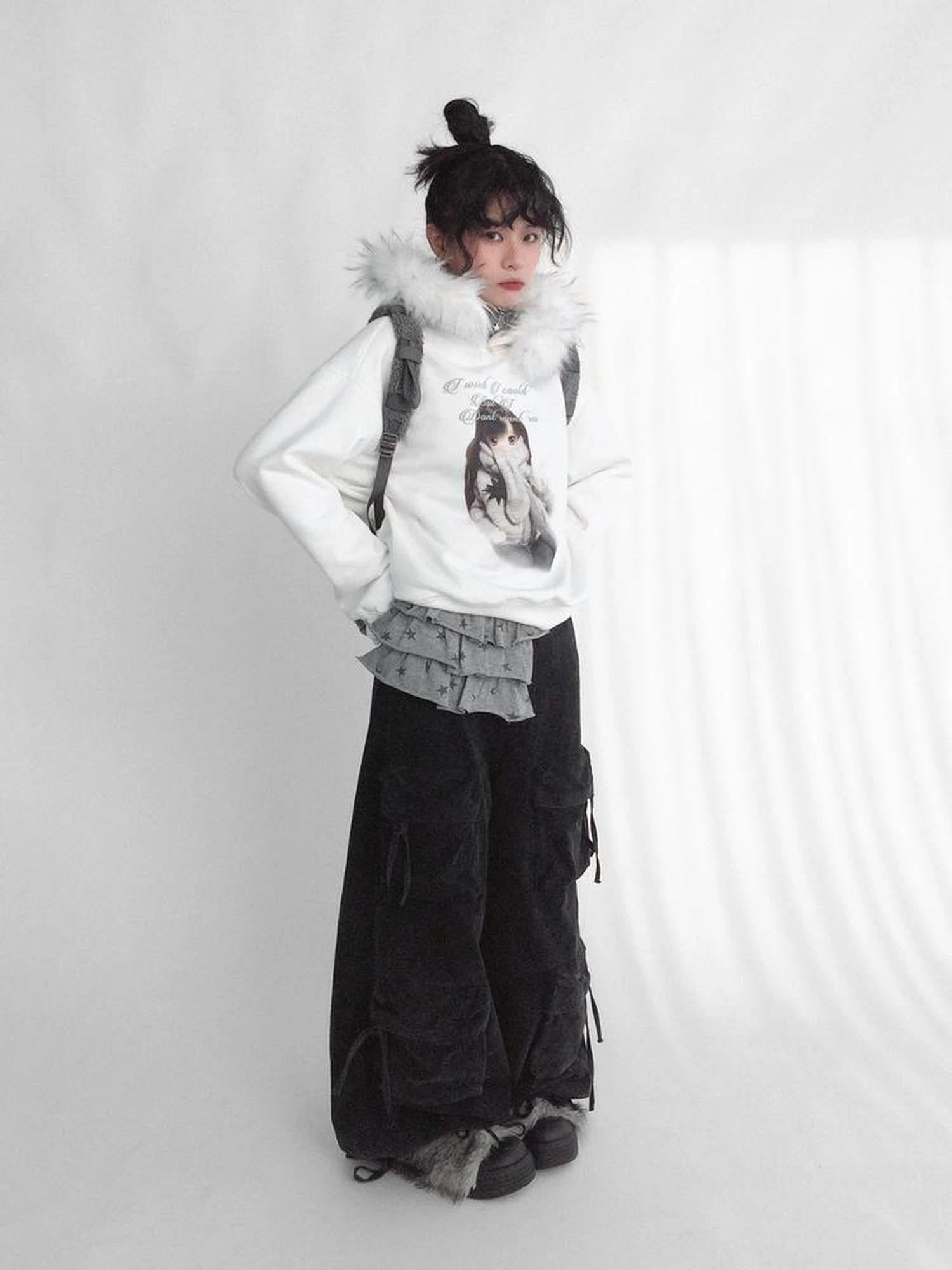 Layered Star Print Knit Skirt With Detachable Waist Pack