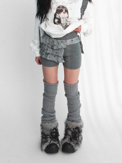 innomoood Layered Star Print Knit Skirt With Detachable Waist Pack