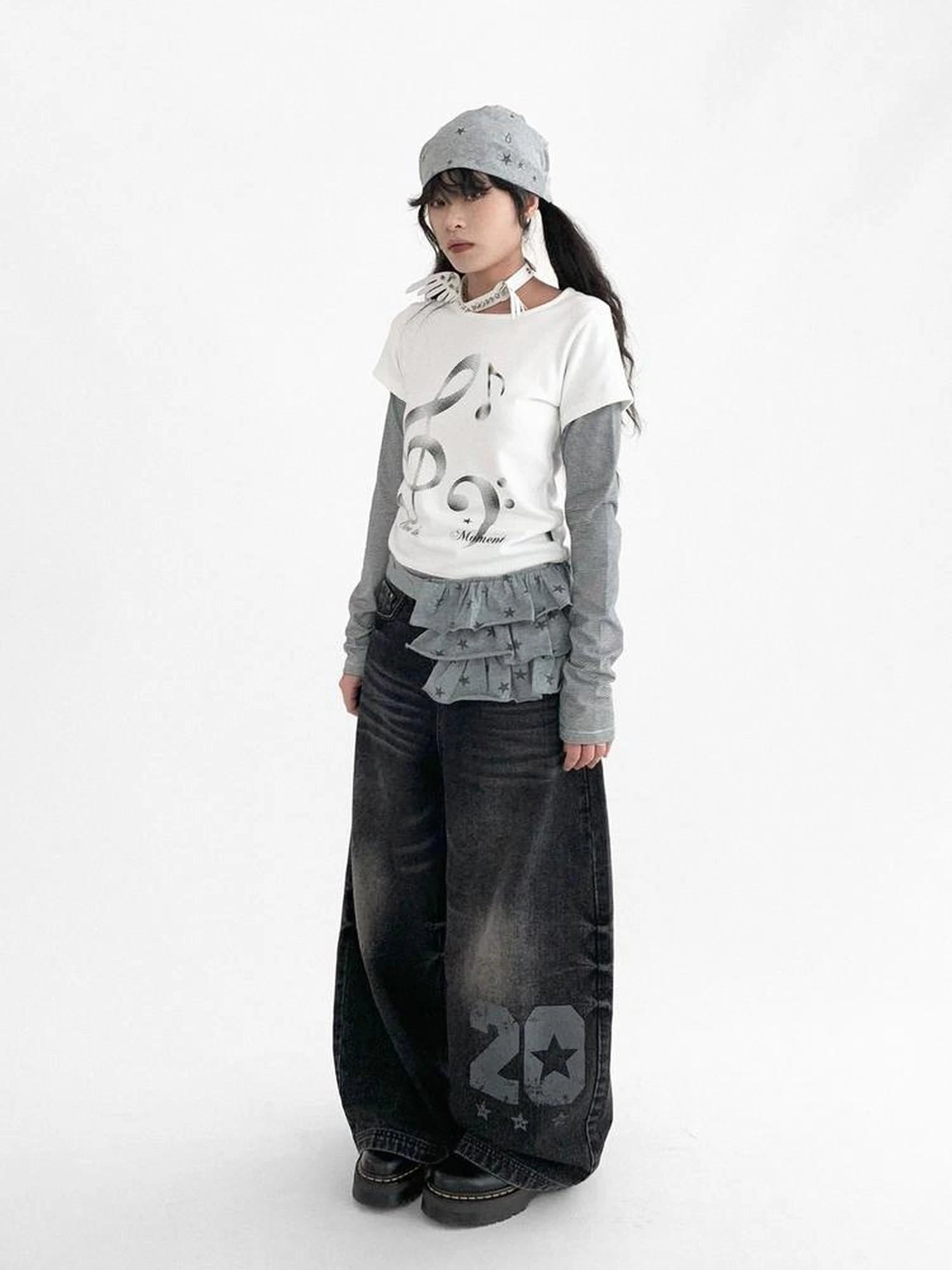 Layered Star Print Knit Skirt With Detachable Waist Pack