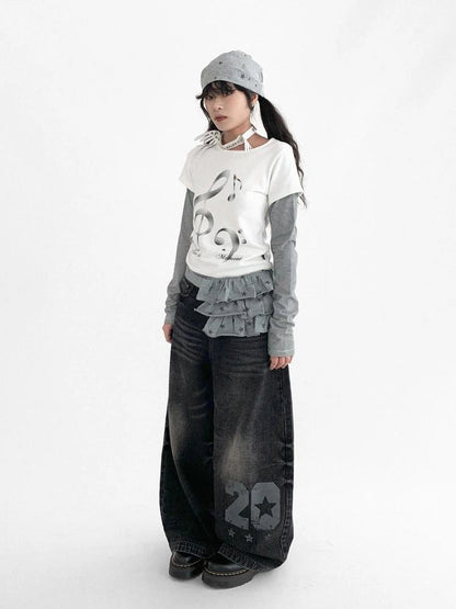 Layered Star Print Knit Skirt With Detachable Waist Pack