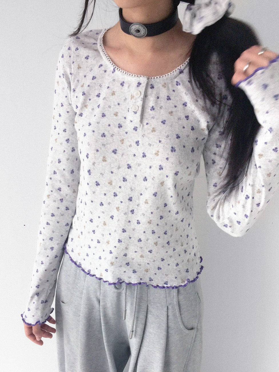 innomoood Light Gray Allover Floral Openwork Knit Women&
