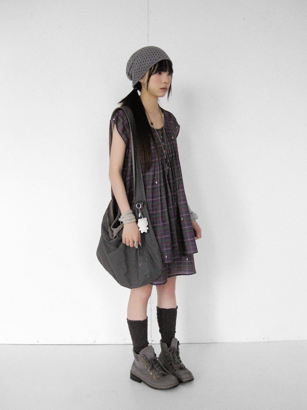 innomoood Lilac Plaid Double Layer A Line Flutter Sleeve Women&