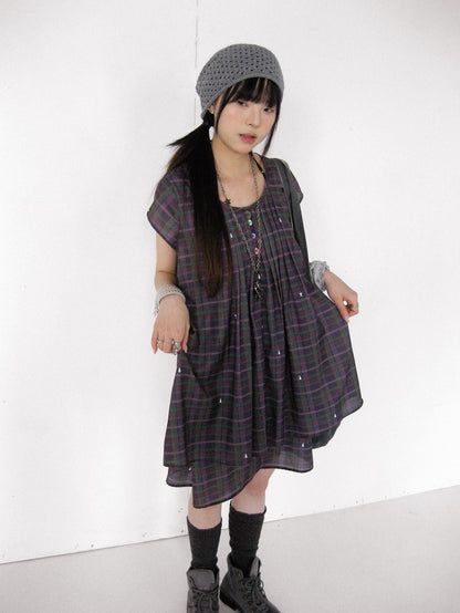 innomoood Lilac Plaid Double Layer A Line Flutter Sleeve Women&