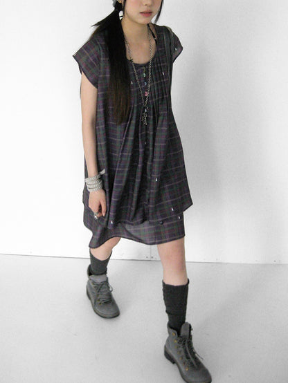 innomoood Lilac Plaid Double Layer A Line Flutter Sleeve Women&