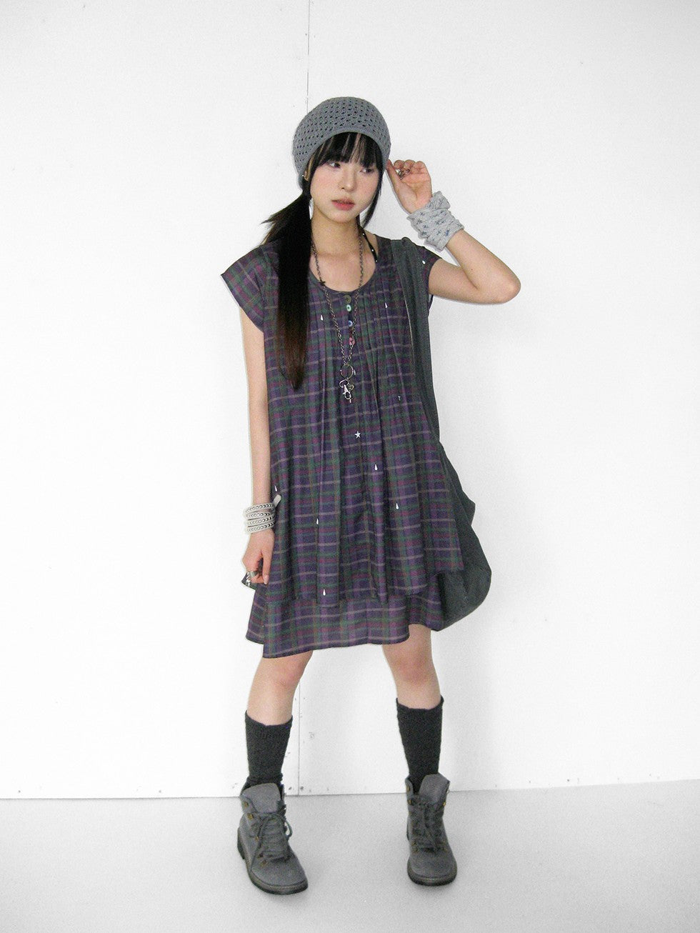 innomoood Lilac Plaid Double Layer A Line Flutter Sleeve Women&
