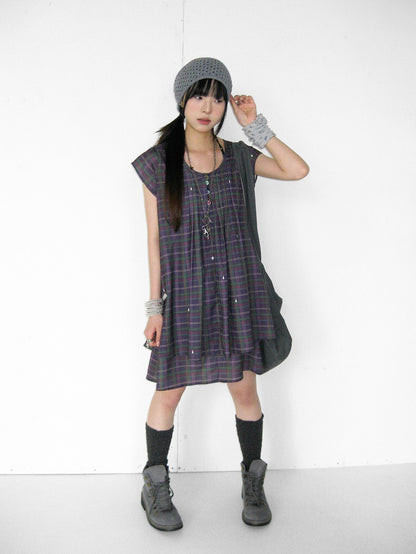 innomoood Lilac Plaid Double Layer A Line Flutter Sleeve Women&