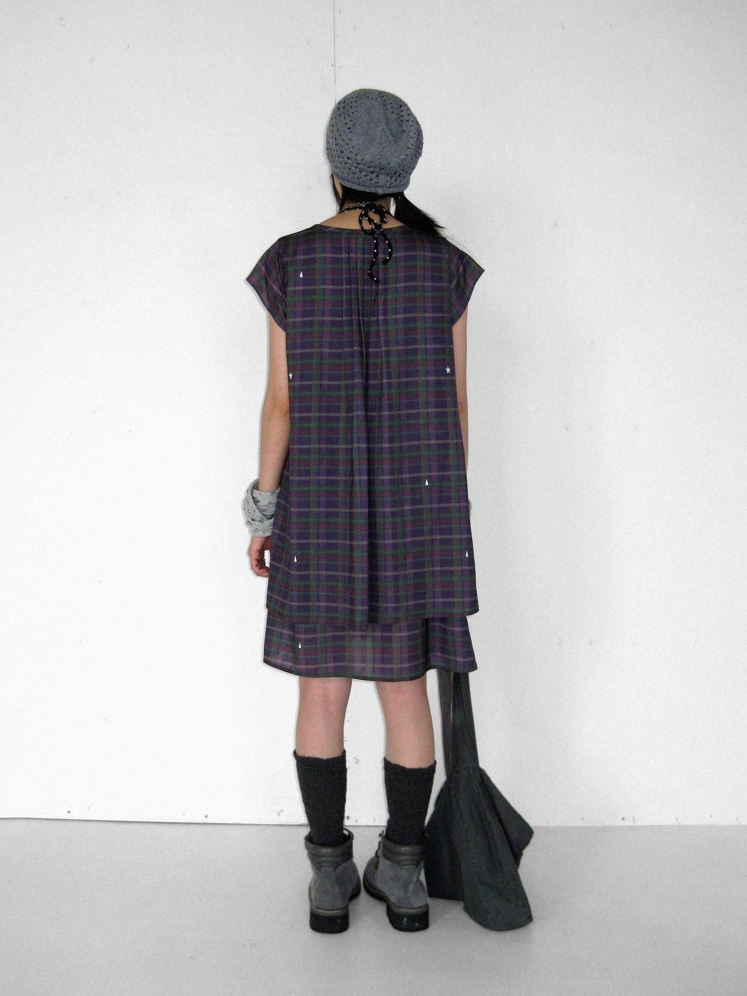 innomoood Lilac Plaid Double Layer A Line Flutter Sleeve Women&