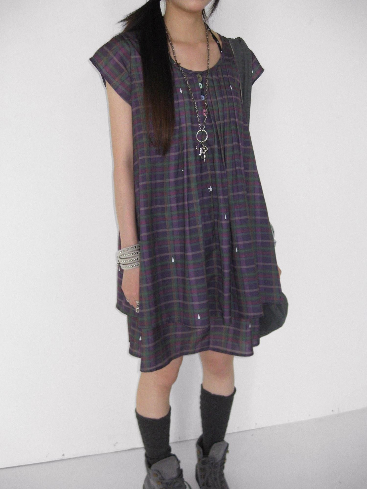 innomoood Lilac Plaid Double Layer A Line Flutter Sleeve Women&
