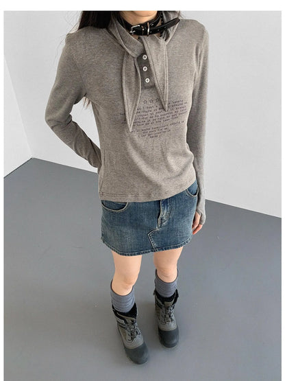 Lonely Letter Print Hooded Long Sleeve T-shirt