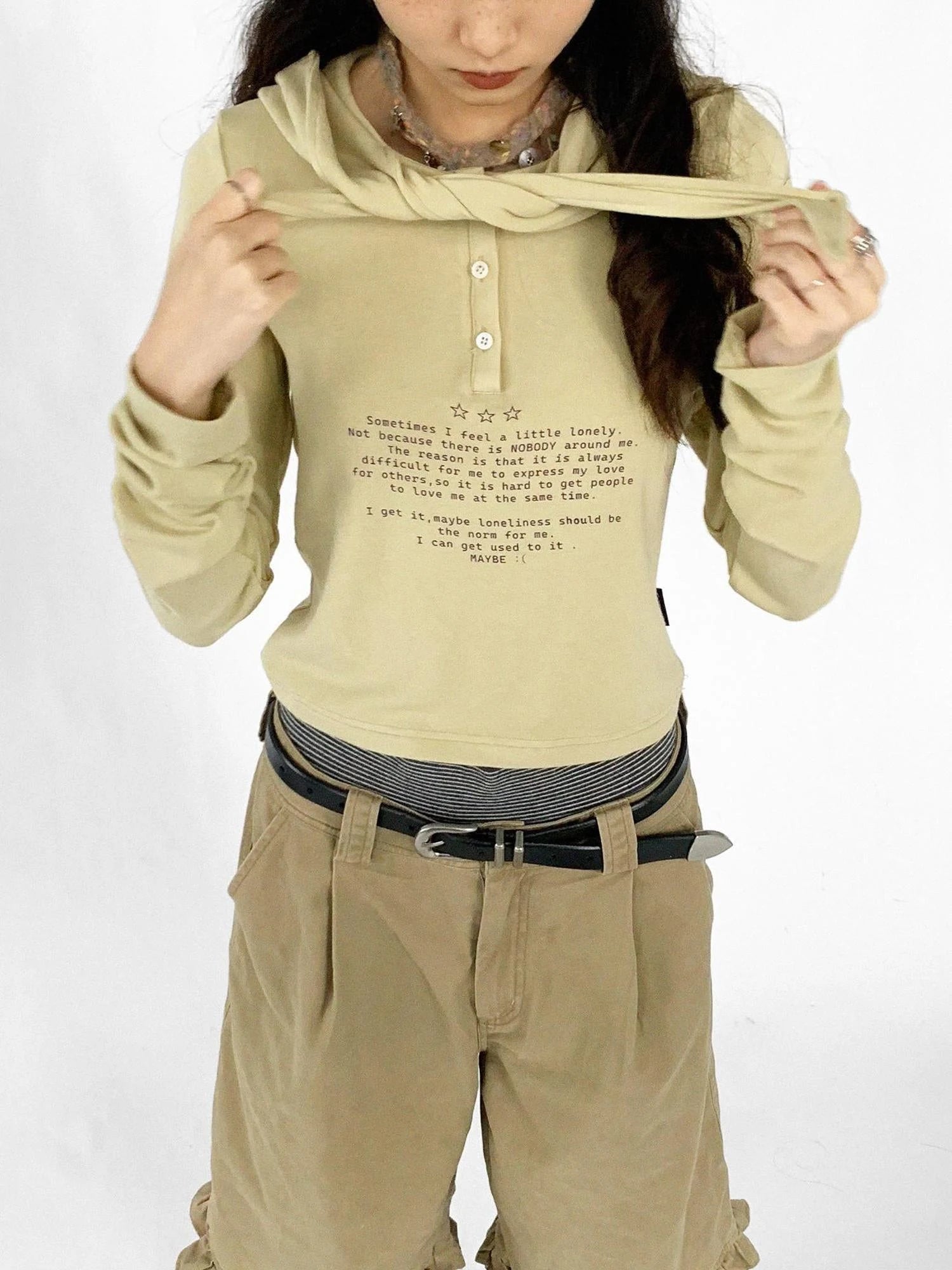 Lonely Letter Print Hooded Long Sleeve T-shirt
