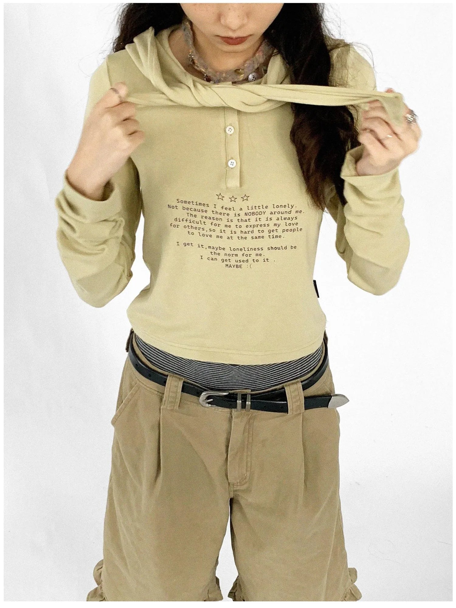 Lonely Letter Print Hooded Long Sleeve T-shirt