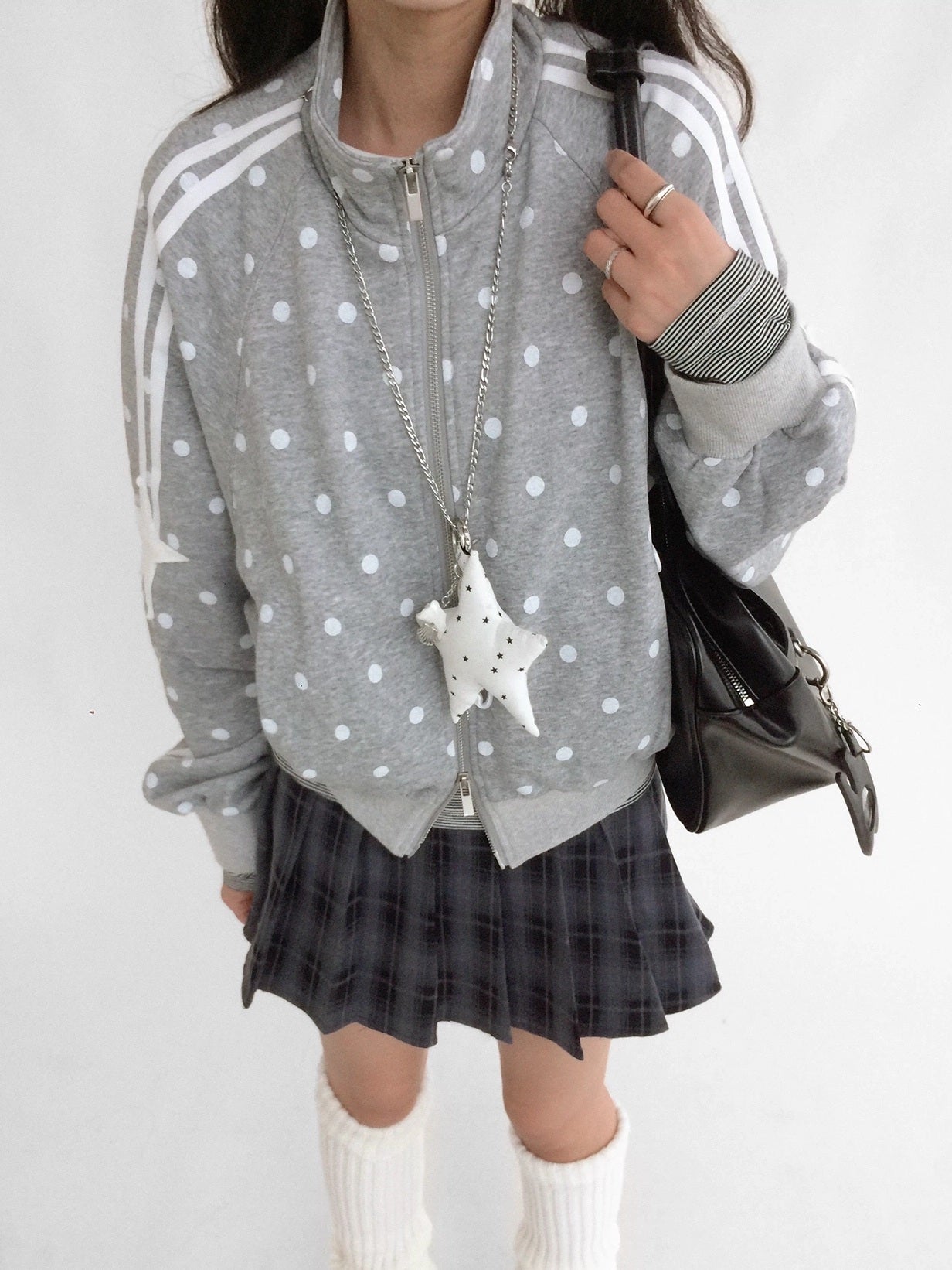 innomoood Loose Terry Zip Front Stand Collar Polka Dot Commuter Women Cardigan Sweatshirt