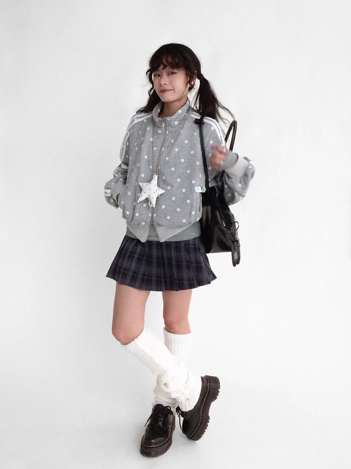 innomoood Loose Terry Zip Front Stand Collar Polka Dot Commuter Women Cardigan Sweatshirt