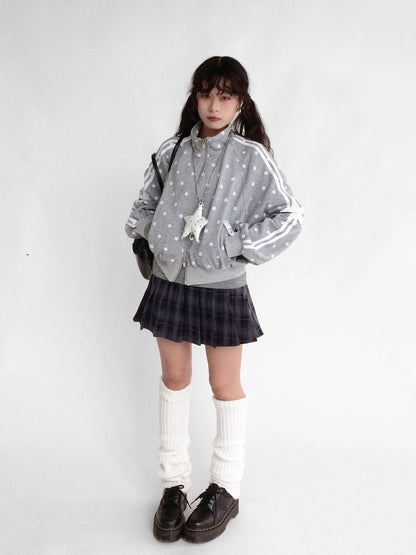 innomoood Loose Terry Zip Front Stand Collar Polka Dot Commuter Women Cardigan Sweatshirt