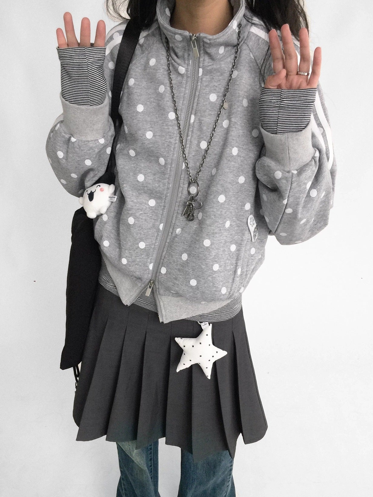 innomoood Loose Terry Zip Front Stand Collar Polka Dot Commuter Women Cardigan Sweatshirt