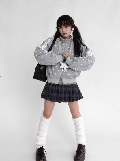 innomoood Loose Terry Zip Front Stand Collar Polka Dot Commuter Women Cardigan Sweatshirt